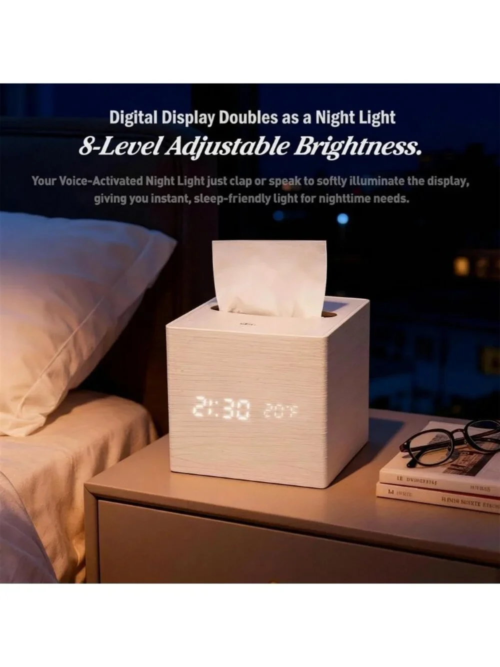 Home White Digital Cordless Alarm Temperature Display Wooden Tissue Box Clock